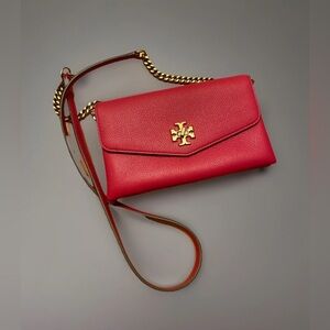 Tory Burch Kira Chain Wallet Pebble Leather Crossbody Dark Red EUC